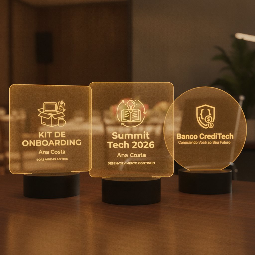 3 luminarias LED corporativas personalizadas em mesa de reuniao