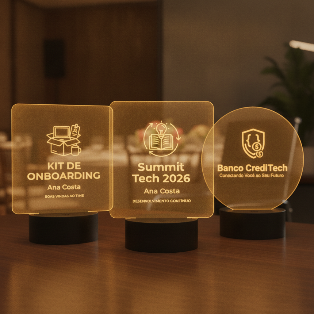 3 luminarias LED corporativas personalizadas em mesa de reuniao