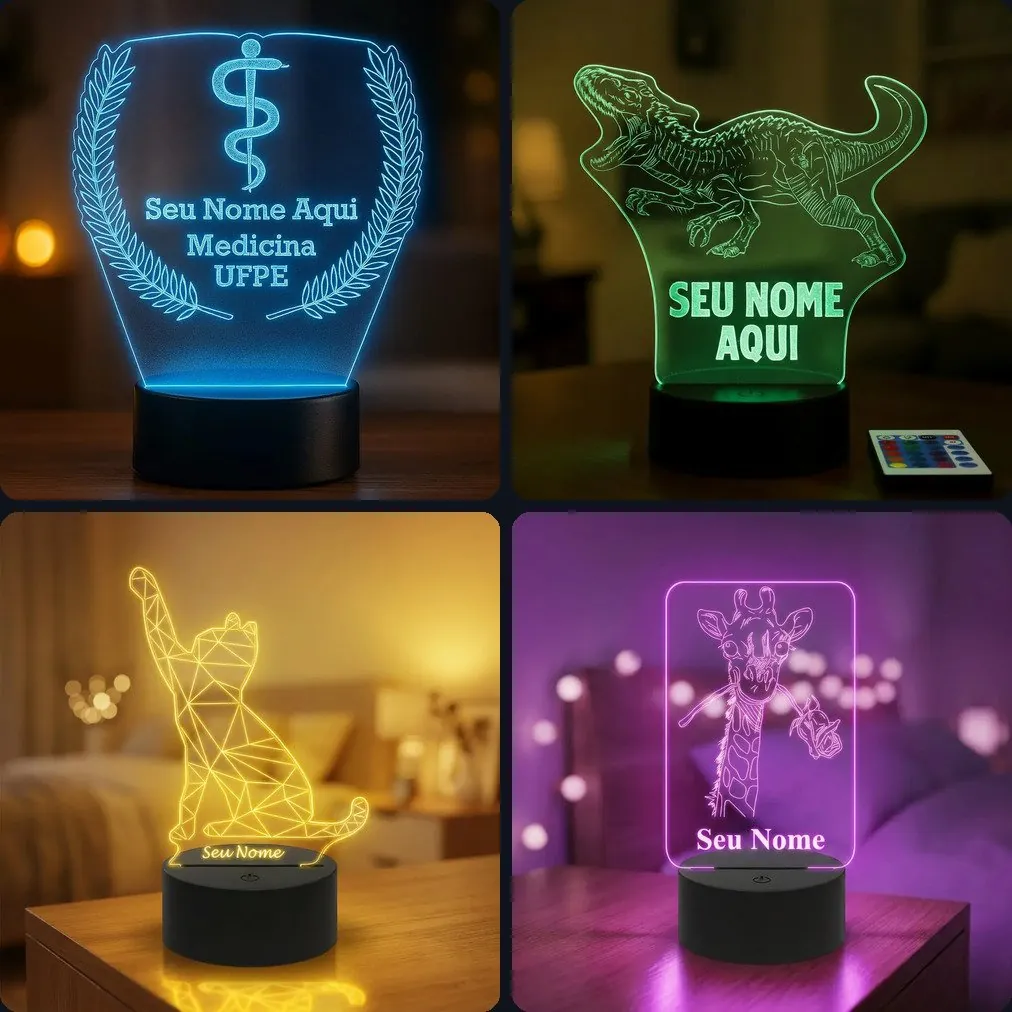 Luminárias de LED em acrílico com nome gravado, em quatro cores: medicina, dinossauro, gato e girafa